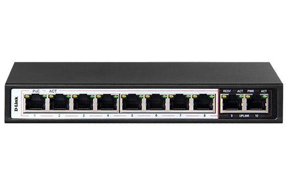 D-Link 8 Port 10/100 ( 8 PoE - 96W ) + 2 Uplink ports Long Range PoE+ Desktop Switch / DES-F1010P-E