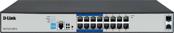 D-Link / DGS-F1210-18PS / 16 port Gigabit ( 16 poe - 150 watts ) Long Range 250m PoE+ & 2 SFP ports Smart Switch