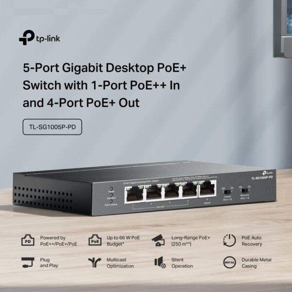 TP-Link / TL-SG1005P-PD / 5 Port Gigabit PoE+ Switch 1 Port PoE++ In and 4 Port PoE+ Out - Image 6