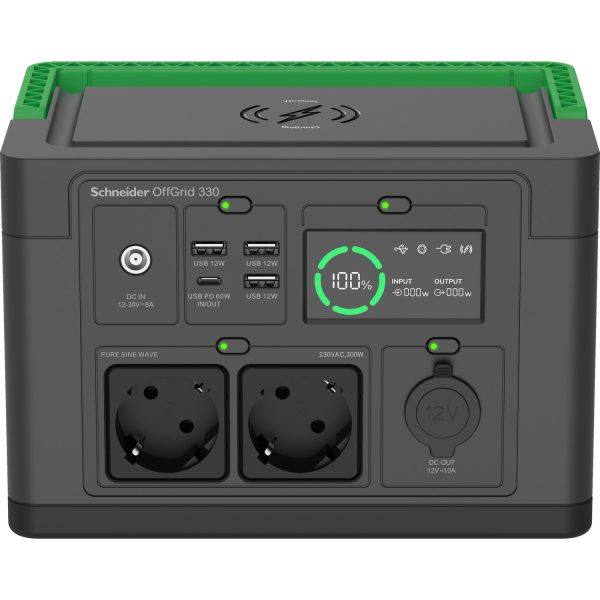 Schneider / PPS330-GR / OffGrid Portable Power Station 330 230V/332Wh Lithium-ion LCD 2 CEE 7/3 Schuko outlets / Sinewave / 3 USB-A + 1 USB-C & Wireless Charger - Image 2