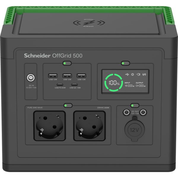 Schneider / PPS500-GR / OffGrid Portable Power Station 500 230V/517Wh Lithium-ion LCD 2 CEE 7/3 Schuko outlets / Sinewave / 3 USB-A + 2 USB-C & Wireless Charger