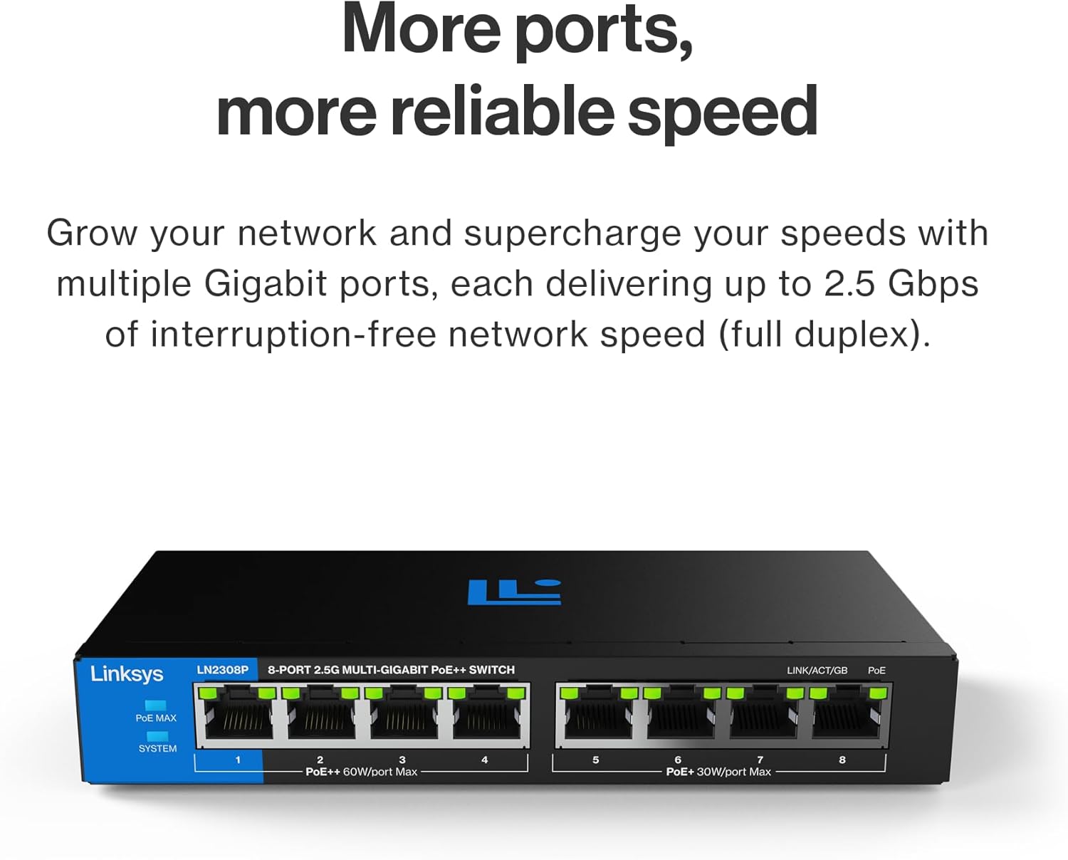 Linksys / LN2308P-KE / 8 Port 2.5GB POE++ ( 8 POE - 180 W ) Unmanaged Desktop Switch - Image 3